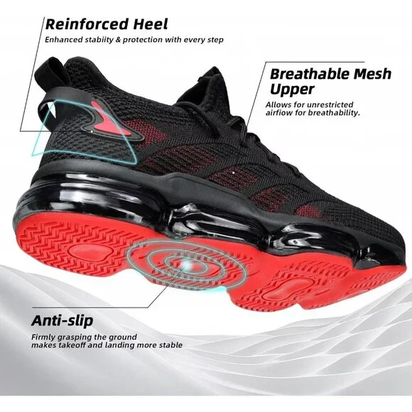 Men's Black Red Running Shoes Air Cushion Slip on Walking Tennis Sneakers